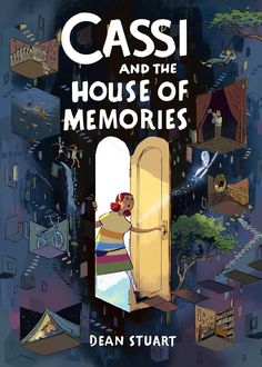 the book cover for cassi and the house of memories, with an image of a woman opening a door