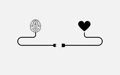 a black and white drawing of a heart connected to a computer cable with a brain on it