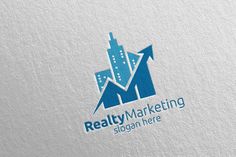 the realty marketing logo is displayed on a white surface with blue arrows pointing up