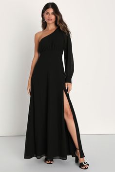 Elegant Black Dress - One-Shoulder Dress - A-Line Maxi Dress - Lulus One Sleeve Long Dress, Single Sleeve Dress, Mother Of The Bride Black Dress, Black Long Sleeve Bridesmaid Dress, Mother Of The Bride Dress Black, Black Tie Optional Wedding Guest Dress Fall, One Shoulder Dress Formal, One Sleeve Black Dress, Black Tie Optional Wedding Guest Dress