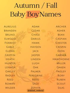 the autumn / fall baby boy names are displayed on an orange background with leaves and flowers