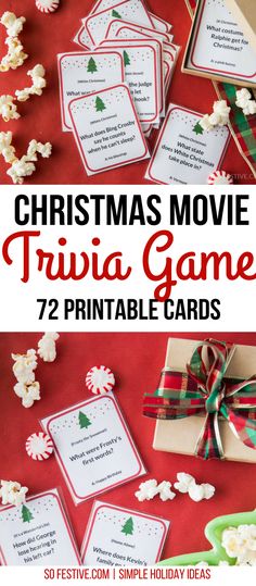 christmas movie trivia game for kids to play on the table with popcorn and presents