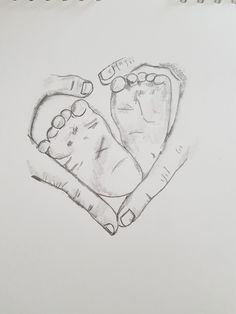 a drawing of two hands holding a baby's foot in the shape of a heart