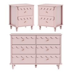 two pink dressers, one with drawers and the other has gold knobs on it