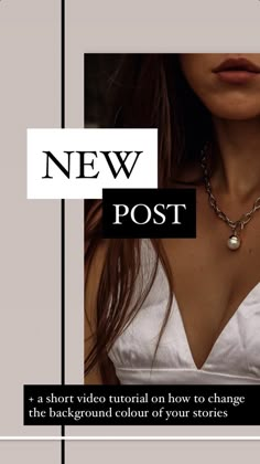 a woman wearing a white shirt and necklace with the words new post above her chest