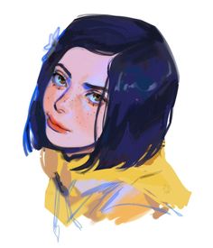 a drawing of a woman's face with blue hair and yellow scarf around her neck