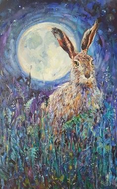 a painting of a rabbit sitting in tall grass under a full moon with blue sky and clouds