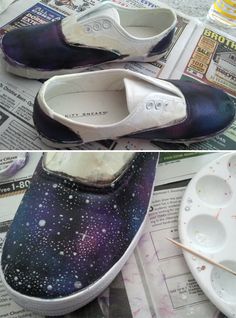 DIY - Galaxy Shoes @Sam McHardy McHardy Taylor Smith... Totally going to turn this into something Doctor Who! Diy Galaxy Shoes, Galaxy Shoes, Diy Shoe Storage, Diy Galaxy, Shoe Storage Solutions, Taylor Smith, Shoes Diy, Diy Decorating