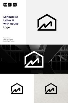 the minimalist letter m with house logo is shown in three different colors and sizes