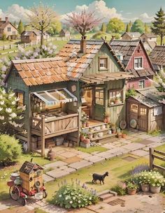 a painting of a small house in the middle of a yard with a dog standing next to it