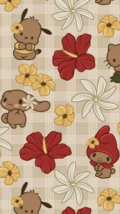 a pattern with teddy bears and flowers on a checkered background