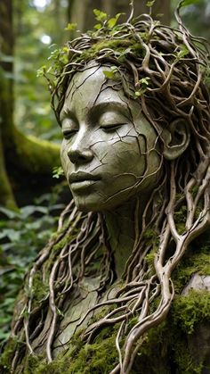 a woman with vines on her head in the middle of some moss covered rocks and trees