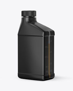 a black plastic bottle with a brown straw sticking out of it's top, on a white background