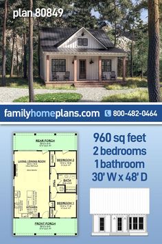 two story house plan with 3 bedroom and 2 bathrooms in the front, an open floor plan