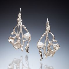 Silver Earrings - These dangle earrings offer a charming, freeform branch and leaf design which is enhanced with peg-set, white freshwater pearls. Sterling silver ear wires. Pearl Wire Earrings, Elegant Silver Freeform Earrings, Silver Vintage Earrings, Elegant Freeform Earrings For Gifts, Jewelry Smithing, Solder Jewelry, Ethereal Romantic, Soft Solder, Trellis Garden