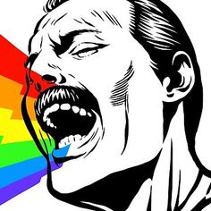 a man screaming with his mouth wide open in front of a rainbow - colored background