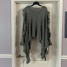 New Anthropologie Grey Ruffle Sweater - Size Os Never Worn, One Size Fits All, Ruffle Detail Smoke Free Home Ruffle Sweater, Shrug Sweater, Wool Sweater, Wool Sweaters, One Size Fits All, Sweater Sizes, Anthropologie, Sweaters For Women, Wool