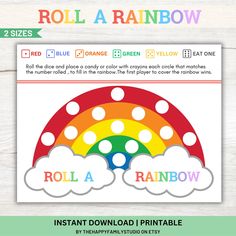 * THIS IS A DIGITAL DOWNLOAD THEREFORE NO ITEM WILL BE SHIPPED ( JUST DOWNLOAD AND PRINT) *    This Roll A Rainbow Party Game is a great activity to keep the kids having fun for St Patrick's Day, a birthday party or a classroom activity. * HOW TO PLAY: * Roll the dice and use candies/color to cover as many circles as you can. The first player to cover all their circles wins! *  This game has two ways to play: 1. Use TWO DICE: Roll both dice together ~ perfect for older kids who are good at addin Rainbow Party Games, Classroom Rainbow, Rainbow Activity, Best Notes App, Rainbow Games, Rainbow Activities, Classroom Activity, Learn To Count, Kids Classroom