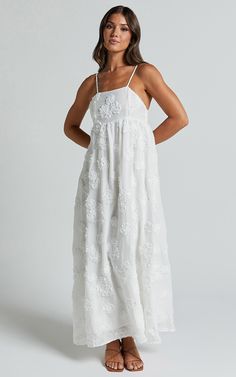 Claya Maxi Dress - Sleeveless Straight Neckline Floral Detail Dress in White Embroidery | Showpo USA White Eyelet Maxi Dress, White Sun Dresses, Long White Sundress, White Maxi Dress Casual, Sundress Wedding Dress, White Dress Maternity, White Maxi Sundress, White Bridal Shower Dress, Hawaii Dresses