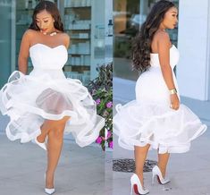 two pictures of a woman in white dress and high heels, one is showing off her legs