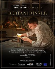 a poster for the master of food and wine event, featuring a man in white shirt preparing