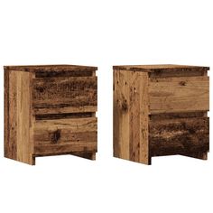 two wooden nightstands made out of wood with one drawer open and the other closed