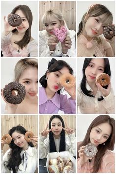 many different pictures of women with donuts in their hands