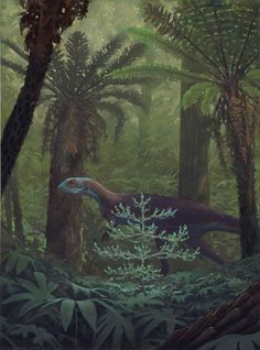 an artist's rendering of a dinosaur in the jungle