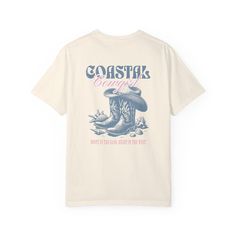 Coastal Cowgirl Comfort Colors Tshirt, Beachy Western Tee, Front & Back Graphic Summer Beach Shirt, Vintage Inspired .: The Comfort Colors 1717 tee is made with medium fabric (6.1 oz/yd² (206.8 g/m²)) consisting of high quality, 100% ring-spun US cotton for long-lasting comfort. .: The relaxed fit keeps the wearer comfy in both casual and semi-formal settings while the crew neckline delivers that classic, neat style which makes it perfect for accessorizing. .: The pre-shrunk fabric ensures a con Beige Graphic Tee For Summer, Beige Crew Neck Top For Vacation, Beige Graphic Print Shirt For Summer, Beige Shirt With Graphic Print For Summer, Cream Crew Neck Top For Vacation, Summer Cream Camp Shirt With Relaxed Fit, Cream Graphic Print Top For Summer, Beige T-shirt For Beach, Summer Season, Cream Short Sleeve T-shirt For Summer