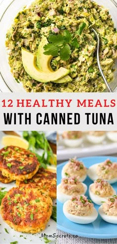 healthy meals with canned tuna and avocado on the side, including deviled eggs