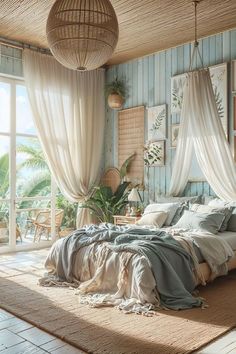 a bed sitting in a bedroom next to a window with curtains on top of it