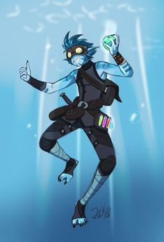 a drawing of a person floating in the water wearing scuba gear and holding a bottle