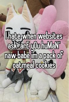 two stuffed animals sitting next to each other with the caption i hate when websitees ask