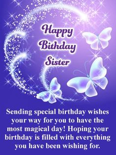 a birthday card for a sister with butterflies on the moon and stars in the sky