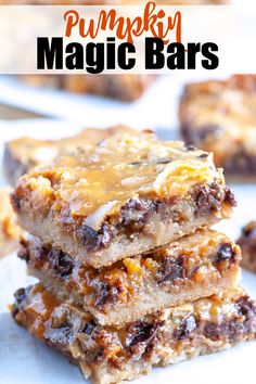 pumpkin magic bars stacked on top of each other with text overlay that reads, pumpkin magic bars