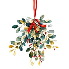 an ornament hanging from a red ribbon with leaves and berries on the top