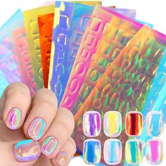 PRICES MAY VARY. Package Include - 11 sheets aurora foil nail art, as colorful as glass, which can offer you multiple choices, and satisfy your rich imagination of nail art DIY. Aurora Stickers for Nails - the nail art foil stickers have different shapes, such as heart, oval, square, and 11 different colors, the nail sticker shows the same color as the aurora from different angles, so that you can easily get elegant and charming nails design. Safe and Beautiful - our designer nail foil made from Birthday Nail Designs, Reflective Nails, Nail Decals Diy, Aurora Nails, Foil Nail Art, Film Paper, Nail Foil, Nagellack Trends, Chrome Nails Designs