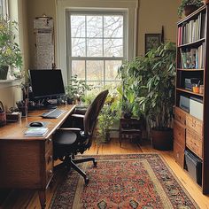 a home office with plants and bookshelves in the corner, along with a rug on the floor