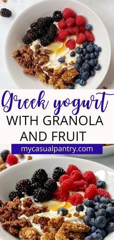 greek yogurt with granola and fruit in a bowl