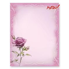 a pink card with two roses on it and the word new written in red ink