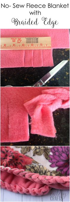 the sewing needle is being used to sew fleece blanket with pink flowers on it