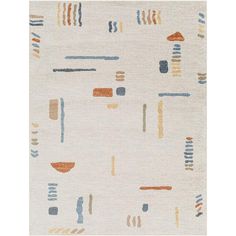 a white rug with blue, orange and yellow designs on it