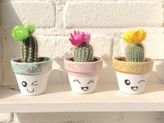 three potted cactus plants sitting on top of a white shelf next to a brick wall