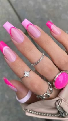 Pink Summer Nails, Colorful Nails, Her Nails, Pink French, Summer Acrylic Nails, Pink Nail, Pink Acrylic Nails, Gel Nail Designs, Funky Nails