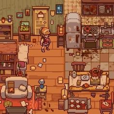 an overhead view of a kitchen and living room in a pixel - art video game