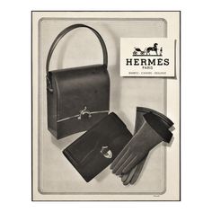 This is an original vintage Mid-Century French advertisement for prestigious Hermes assessories for women. It features a handbag, purse, and gloves under the iconic Hermes label. It is a 1950 image that originally appeared in a French periodical. Hermes products are chic, highly collectible and eloquent in classic Hermes style. This vintage advertisement has become increasingly more difficult to find with the passage of time. 8.5 x 11.25 inches in size; comes custom matted in a white 16 x 20 inc Hermes Print, Glove Design, Hermes Style, High Heels Classy, Bag Illustration, Colorful Handbags, Hermes Accessories, Timeless Chic, Perfect Handbag