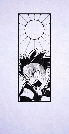 an ink drawing of a cartoon character in front of a stained glass window with the sun behind it