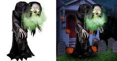 two pictures of halloween costumes with green and black colors, one in the shape of a ghost