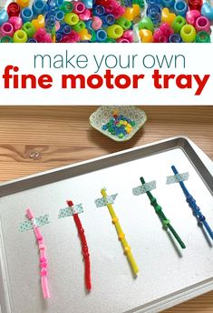 make your own fine motor tray with colorful beads and crayons on the table