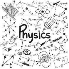 the word physics surrounded by hand drawn symbols